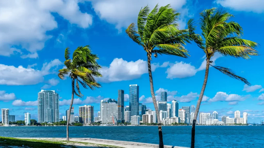 "Vista panorâmica do skyline de Miami com arranha-céus modernos, palmeiras e a Baía de Biscayne, sob um céu azul claro, representando uma cidade-sede da Copa do Mundo de Clubes da FIFA 2025."