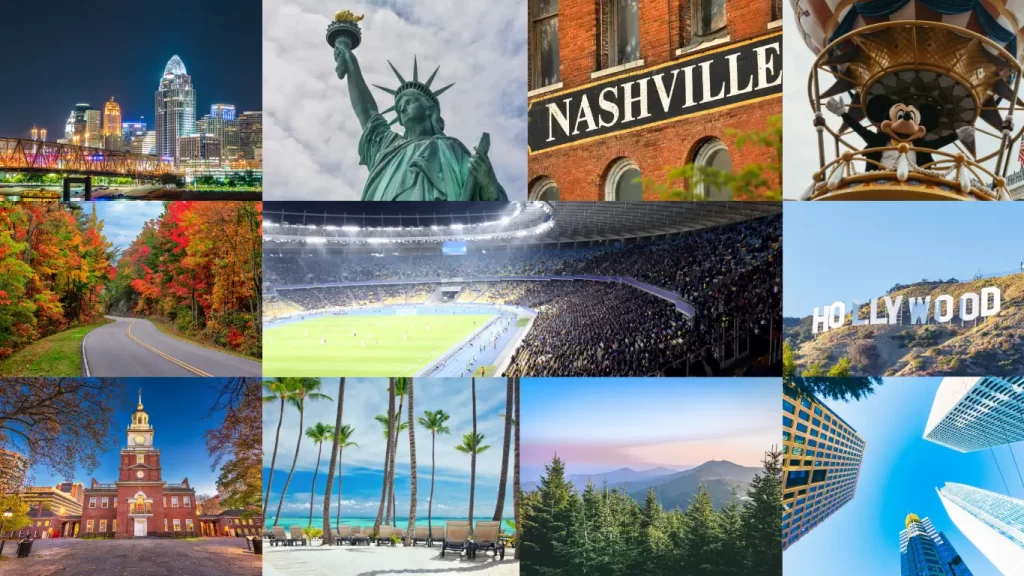 "Collage de imagens destacando cidades americanas e locais do Mundial de Clubes 2025 nos EUA: skyline noturno de Cincinnati, Estátua da Liberdade em Nova York, letreiro de Nashville, balão com Mickey Mouse, letreiro de Hollywood, estádio lotado, estrada cercada por outono, praia com palmeiras, montanhas e arranha-céus modernos."