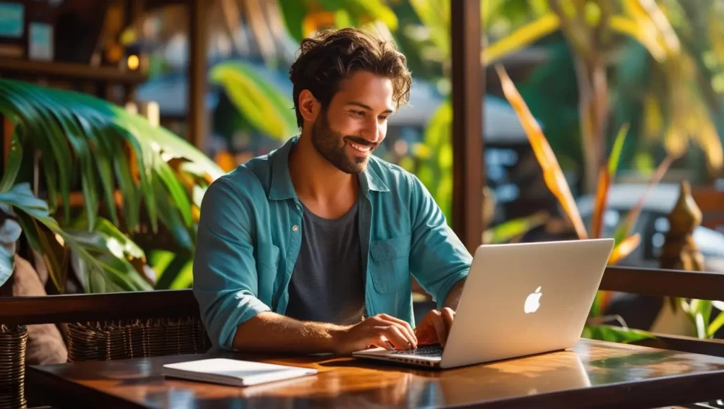 nômade com apple laptop trabalhando em qualquer lugar do mundo