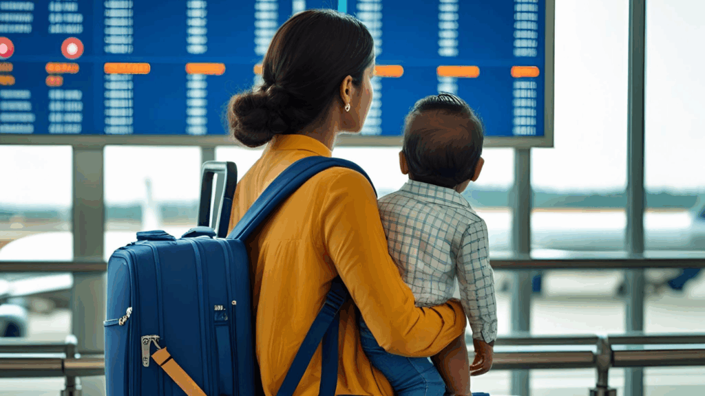 Mãe com bebê de colo observando o painel de voos em aeroporto, ao lado de uma mala azul.