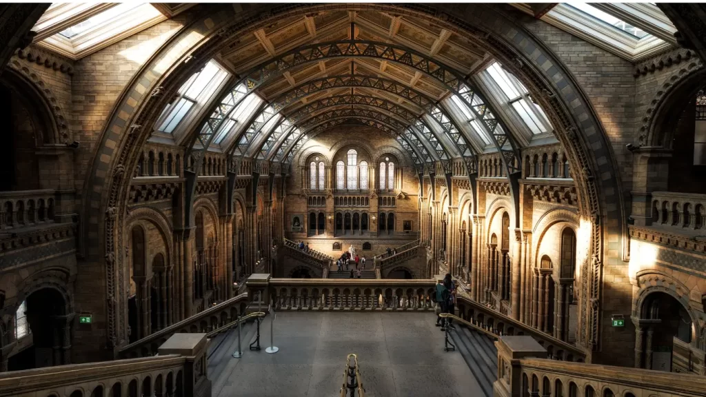 O Museu de História Natural de Londres é uma joia arquitetônica e científica que encanta visitantes de todas as idades. Localizado no coração da cidade, este museu impressiona com sua estrutura vitoriana, caracterizada por arcos altos e janelas de vidro que deixam a luz natural inundar o espaço. Dentro, você encontrará uma vasta coleção de fósseis, esqueletos de dinossauros e exposições interativas sobre a evolução da Terra. Dica de viagem: Visite durante a semana para uma experiência mais tranquila e não perca o famoso esqueleto de baleia azul no Salão Hintze.