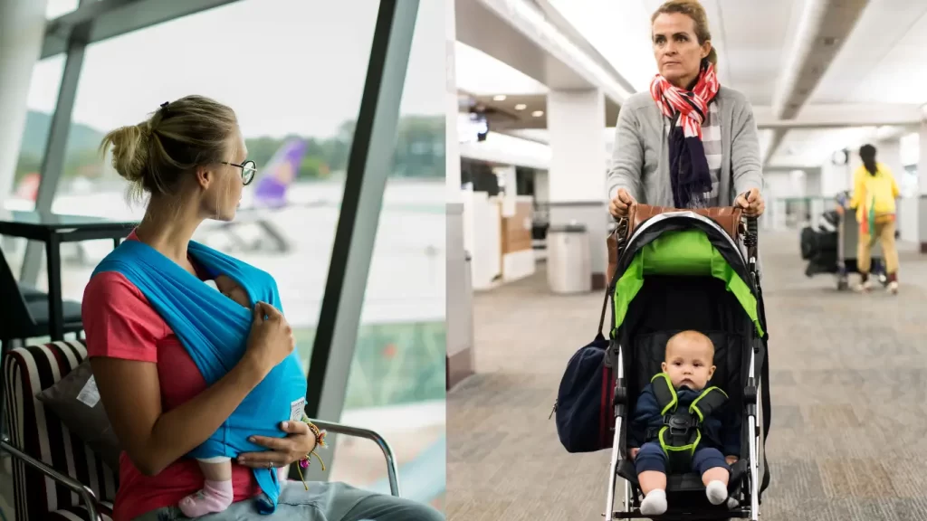 Duas mães em um aeroporto: uma usa um sling azul para carregar um bebê enquanto espera perto de uma janela com vista para aviões; outra empurra um carrinho verde com um bebê sentado, em um corredor interno.