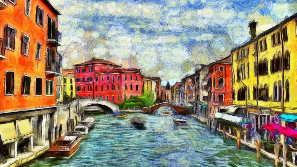 Veneza, a "Cidade Flutuante", é um destino encantador que combina história, arte e paisagens únicas. Esta imagem estilizada captura a essência dos canais da cidade, com suas coloridas fachadas de edifícios e pequenas pontes que conectam as ruas aquáticas. Um passeio de gôndola ou uma caminhada pelos canais oferece uma experiência mágica, especialmente ao entardecer. Dica de viagem: Explore os canais menos turísticos, como Cannaregio, para uma visão autêntica da vida local.